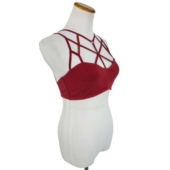 NWT Boutique Strappy Burnt Red Geometric Cutout Cage Front Crop Top Bralette - Picture 11 of 16